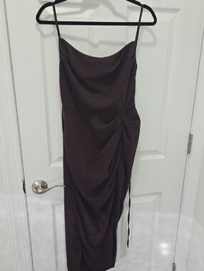 Amanda Uprichard Chocolate Brown Draped Spaghetti-Strap Midi Dress